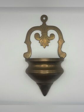 Vintage Solid Brass Holy Water Font Wall Pocket Fleur De Lis Large 10” India
